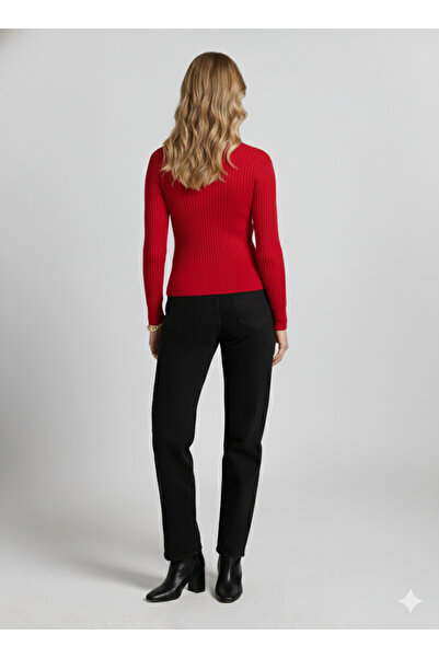 Ulino Uzun Kollu Polo Yakali Alttan Kesik Detayli Fitilli Triko