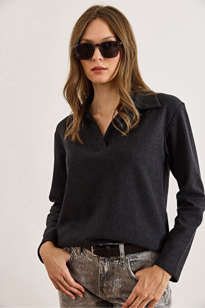 Olalook Women's Anthracite Polo Neck Thessaloniki Blouse Blz-19002810