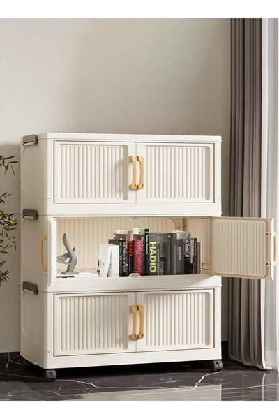 Generic 5-Tier Foldable Plastic Storage Cabinet with Handles, Magnetic Double Doors & Wheels, 50cm Wide