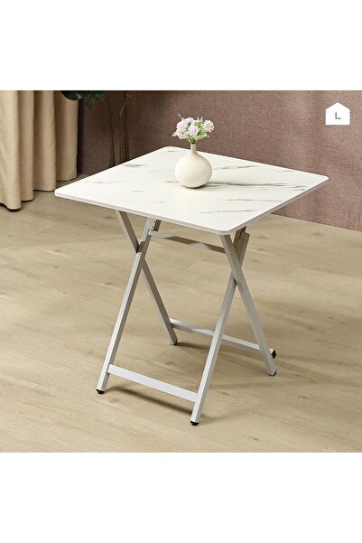 Saharaz Foldable Table,80x80x72CM,with Iron Frame and Marble Design,for Dining,Small Spaces,Outdoor Use
