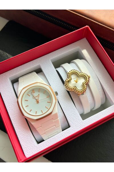 catera Men's carbon and women's white leather watch set