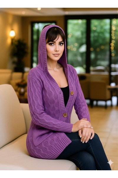 rushana Kadın kapüşonlu cepli saç örgü desenli triko hırka