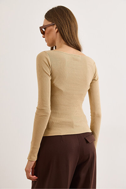 Olalook Women's Beige Deep V Neck Lace Detailed Stretchy Cotton Blouse Blz-19002954