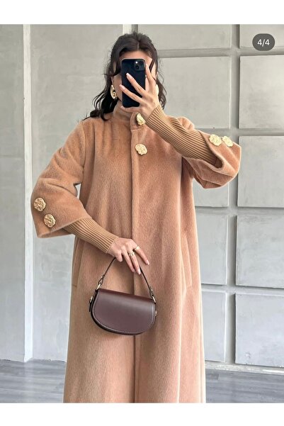 Bmb Long faux fur coat with knit sleeves and gold buttons