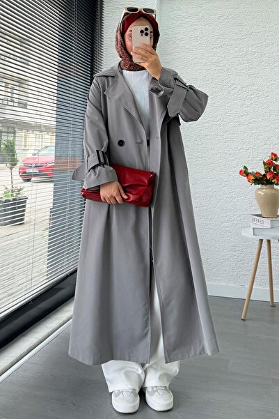 MELEK ARAZ Premium Önü Yarım Kapaklı Kadın Trençkot – Gri