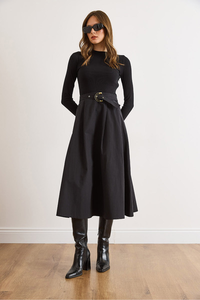 Olalook Kadın Siyah Gizli Fermuarlı Kemerli Garnili Maxi Elbise ELB-19002553