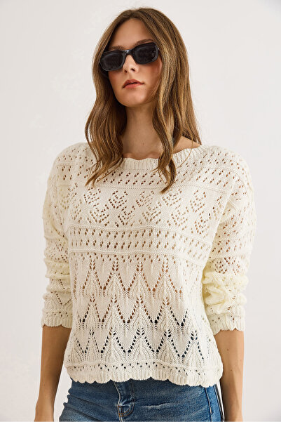 Olalook Women's White Geometric Openwork Detailed Knitwear Sweater Kzk-19001044