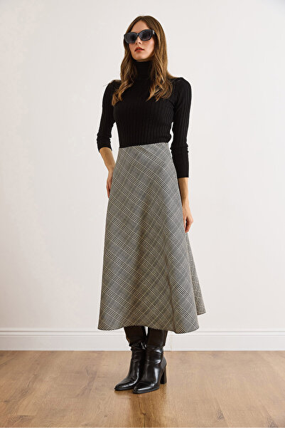 Olalook Women's Black Side Hidden Zipper Houndstooth Maxi Bell Skirt Etk-19000366