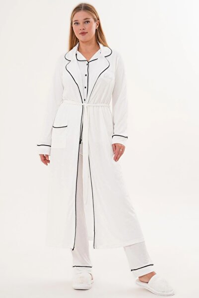 Lohusa Dünyasi Women's Front Buttoned Long Dressing Gown with Pockets Maternity 3-Piece Pajama Set