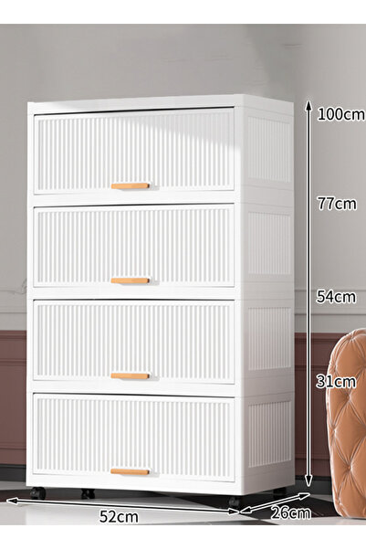 Generic 4-Tier Plastic Storage Cabinet with Handles, Magnetic Flip Doors & Wheels, 52cm Wide