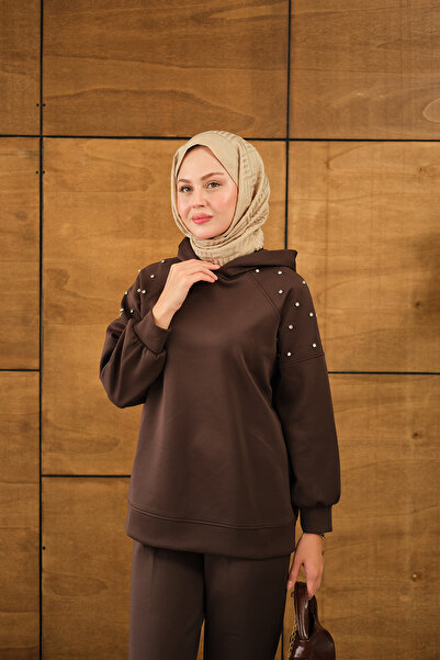 LOCCO Kadın Omuz Taş Detay Kapüşonlu Takım Kahverengi