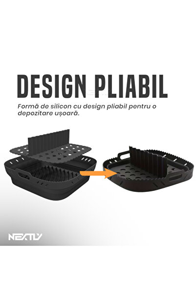 NEXTLY Silicone AirFryer & Oven Baking Tray, Reusable, Detachable Divider, Foldable, Non-Stick, Black