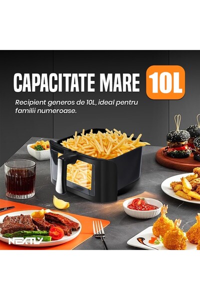 NEXTLY Set friteuză cu aer cald de 1400 W, capacitate de 10 l, control tactil, 7 presetări, negru