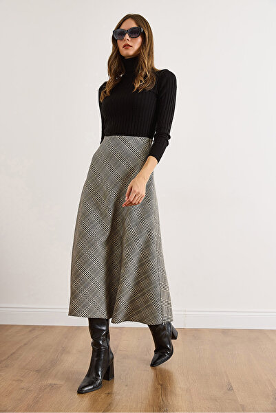 Olalook Women's Black Side Hidden Zipper Houndstooth Maxi Bell Skirt Etk-19000366