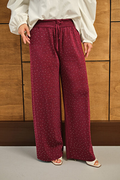 LOCCO Women's Glitter Detail Stone Knitwear Trousers Burgundy