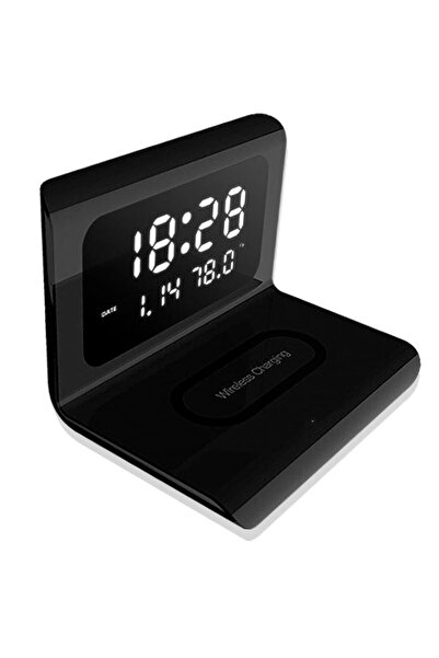 Quasar & Co. Digital clock with wireless charging station, with date, alarm and temperature, 17x12x12.5 cm, black