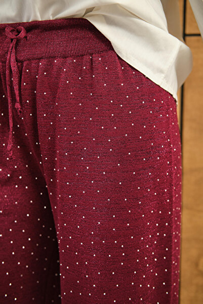 LOCCO Women's Glitter Detail Stone Knitwear Trousers Burgundy