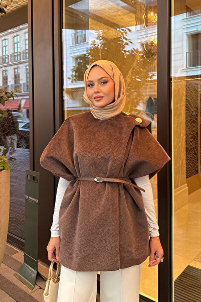 LOCCO Дамска шалчеста жилетка с колан, кафява