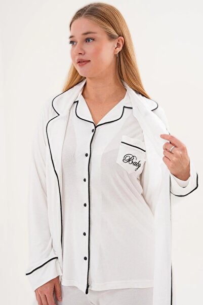 Lohusa Dünyasi Women's Front Buttoned Long Dressing Gown with Pockets Maternity 3-Piece Pajama Set