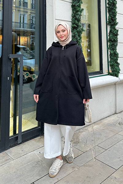 LOCCO Women's Hooded Zippered Medium Length Cashmere Black