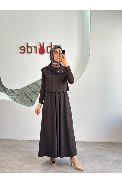 İkoll Kahve Renk Paraşüt Kumaş Elbise Yelek İkili Takım