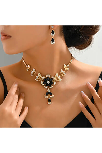 İnci Mercan Bujiteri 3 Parça Siyah Çiçek Desenli Düğün ve Balo Kolye ve Küpe Seti