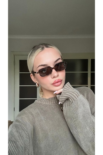 TomyHelf Leopar Slim Rectangle Kadın Güneş Gözlüğü UV400 Korumalı Kahve Çerçe...