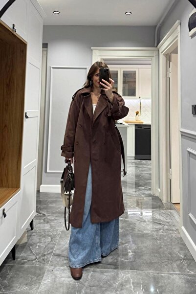 Banu Angay Veloura Süet Trençkot Acı Kahve