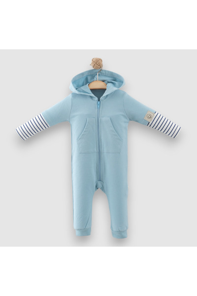 BİSCOİ Babybiscoi Hooded Unisex Jumpsuit with Striped Sleeves and Kangaroo Pocket