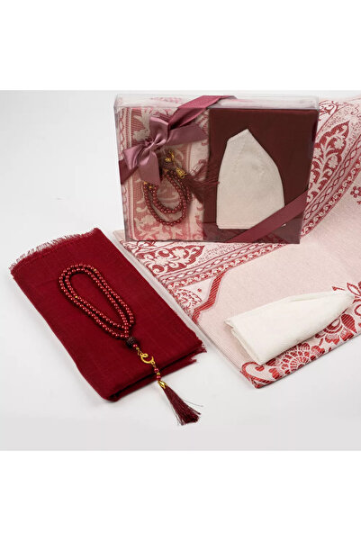 Hayrat Neşriyat Seccade + Scarf + Skullcap + Prayer Beads Gift Set (Acetate Boxed, Burgundy)