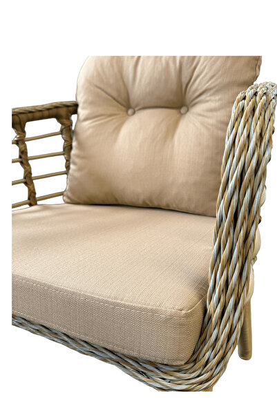 Tu Tienda KARTEPE 2 TEKLİ OTURAK+SEHPA(60*90) BAHÇE BALKON MUTFAK TAKIMI,BAMBU RATTAN / BEJ KUMAŞ