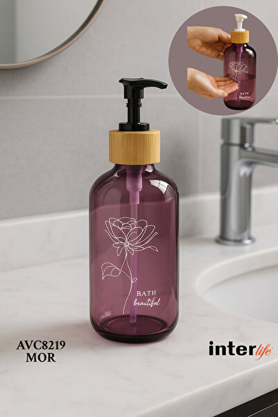 İnterlife Dekoratif Baskılı Cam Sıvı Sabunluk Çiçek Gül Figürlü Bambu Kapaklı Sabunluk 550 ML