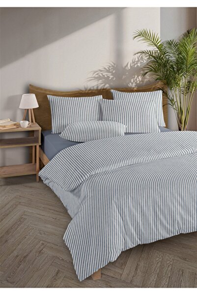 Monolisse طقم غطاء لحاف مخطط 100% قطن رانفورس ييزرا مصبوغ بالخيوط باللون الأزرق الداكن مقاس مزدوج - 200 × 220 سم