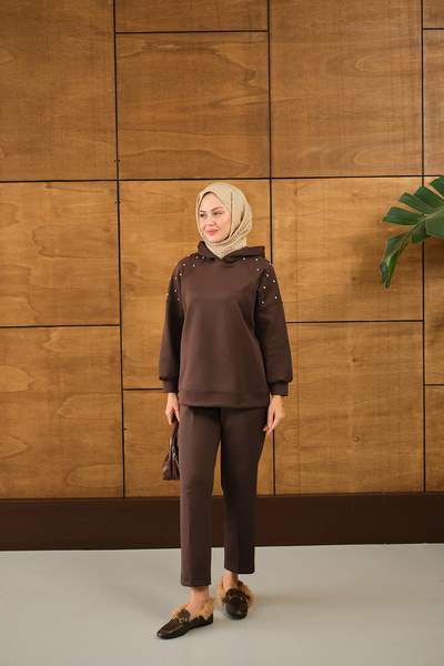 LOCCO Kadın Omuz Taş Detay Kapüşonlu Takım Kahverengi