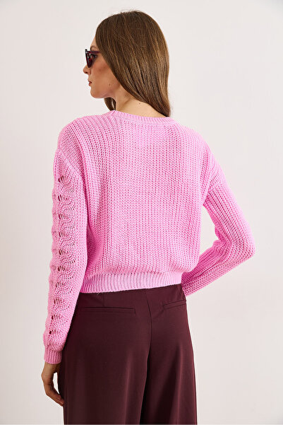 Olalook Kadın Şeker Pembe Ajurlu Crop Triko Kazak KZK-19001043
