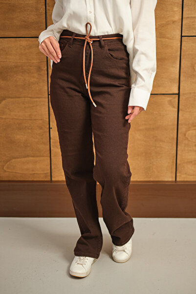 LOCCO Women's Rope Belted Jeans Brown