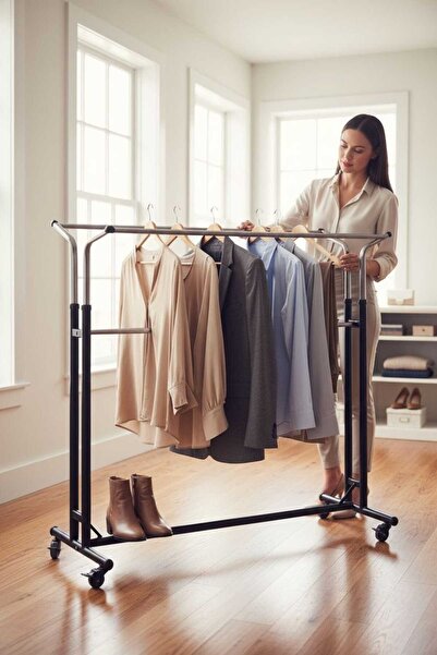 hsnm business metal ayaklı tekerlekli elbise askısı çift taraflı askılık