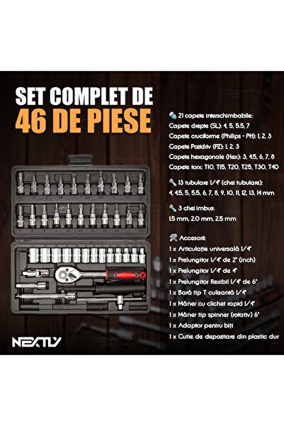 NEXTLY 46-Piece Master Tool Kit with Ratchet, Hex, Torx, Bits, Durable Black Steel