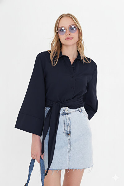 THIFF GYMWEAR Жіноча синя сорочка з широкими манжетами, деталями на рукавах і зав'язкою спереду, поплін