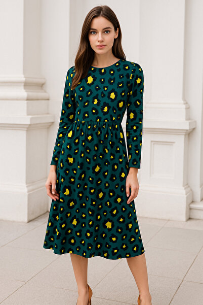 Rich Women's Green Patterned Midi Length Dress with Elastic Waist