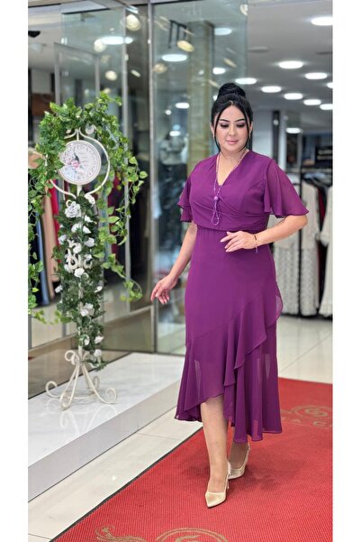 live forever فستان سهرة من الشيفون بقصة غير متماثلة وأكمام قصيرة وياقة كبيرة ...