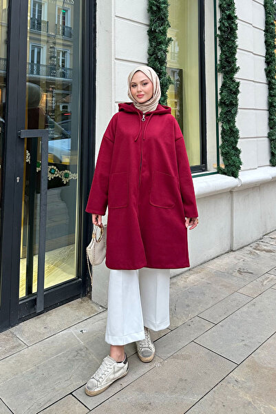 LOCCO Women's Hooded Zippered Medium Length Cashmere Burgundy