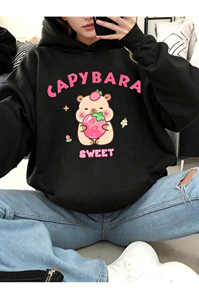 ZEMLİYA Hanorac cu glugă pentru femei, cu imprimeu Sweet Capybara, cu 3 fire ...
