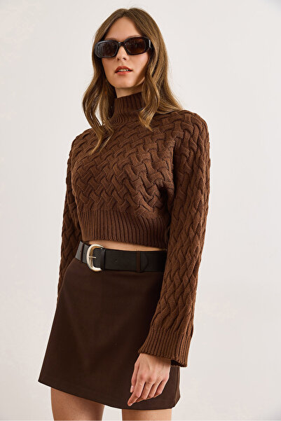 Olalook Дамски кафяв пуловер с широки ръкави и детайли KZK-19001040