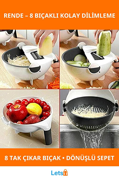 Letsii Döner Pratik Mutfak Rendesi 8 Farklı Bıçakla Sebze Meyve Rendeleme Aleti