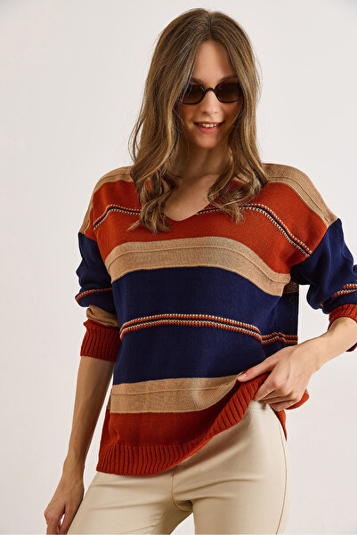 Olalook Pulover tricotat pentru femei, cu decolteu în V, bloc de culoare KZK-19001024