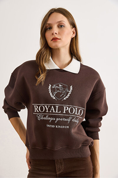 Olalook Kadın Kahverengi Polo Yaka Nakışlı Şardonlu Sweatshirt SWT-19000773