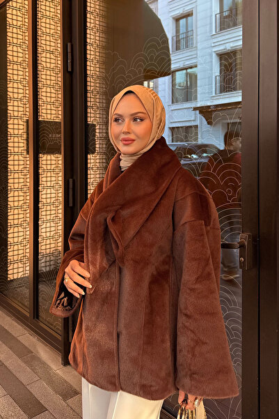 LOCCO Γυναικείο βελούδινο μπουφάν με λεπτομέρεια σάλι καφέ