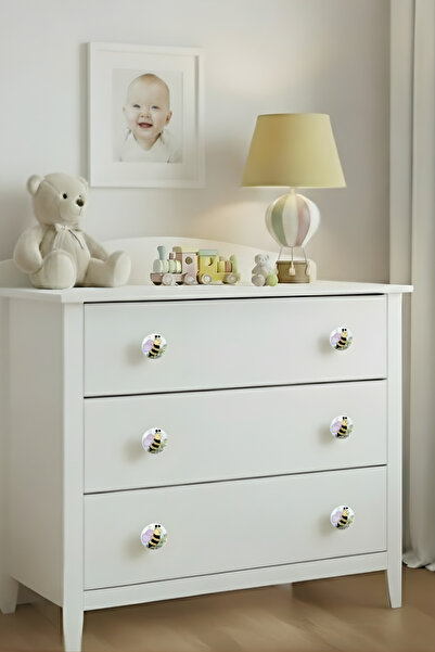 MegaVitrin Porcelain Bee Patterned Children's Room Furniture Handle Ceramic Drawer Cabinet Knob (50 mm Large Size)