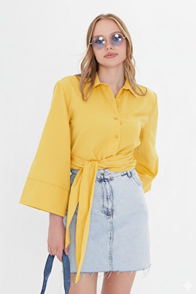 THIFF GYMWEAR Women's Yellow Wide Cuff Sleeve Detailed Tie Front Poplin Shirt